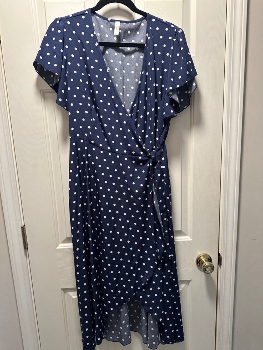EUC Rouge! Navy & White Polka Dot Wrap Hi-Lo Dress with Flutter Sleeves